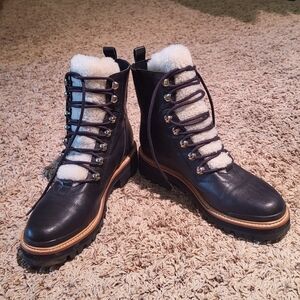 Marc Fisher Ltd Izzie Genuine Shearling Lace-Up Black Leather Boots Size 7.5